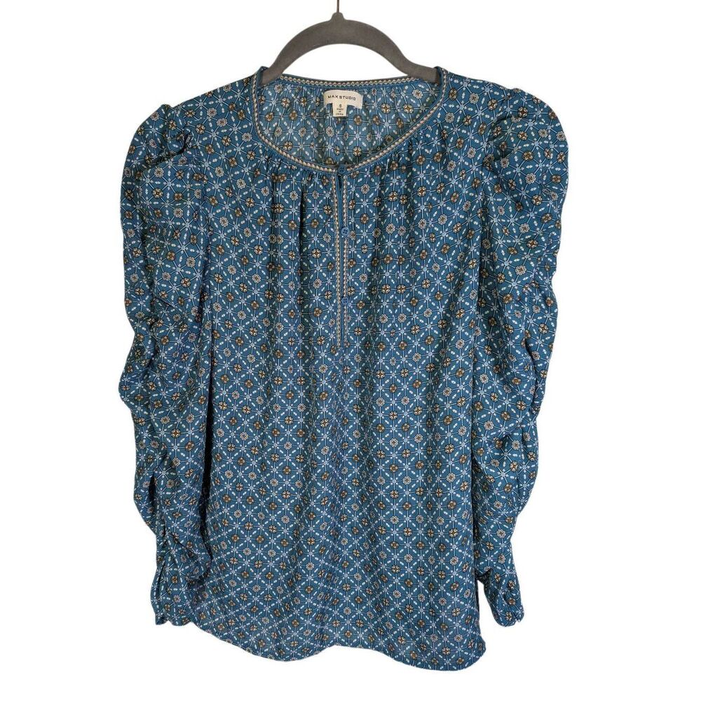 Max Studio Blue Patterned Blouse with Long Ruffled Sleeve Women's Small